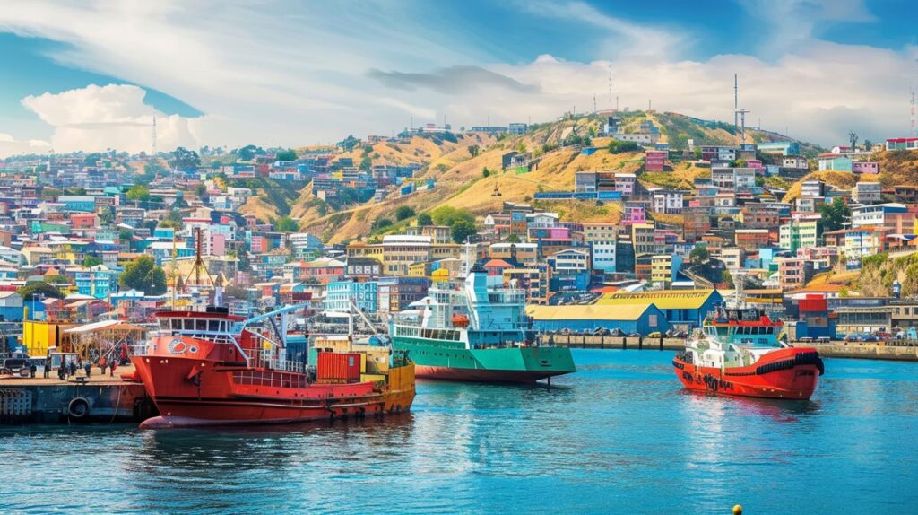 Vista panorámica del puerto Valparaíso con barcos y edificios coloridos al atardecer