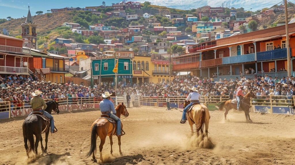 Competidores participando en un emocionante rodeio em Valparaíso, demostrando habilidades en monta de toros