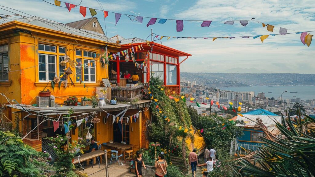 Decoración elegante en casa de festa Valparaíso con mesas adornadas y luces festivas