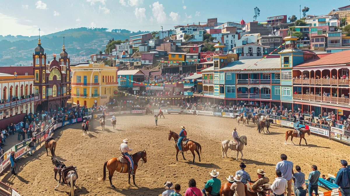 Competidor de rodeio em Valparaíso montando um touro em evento ao ar livre