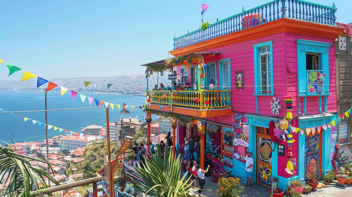 Decoración elegante en casa de festa Valparaíso con mesas adornadas y luces festivas