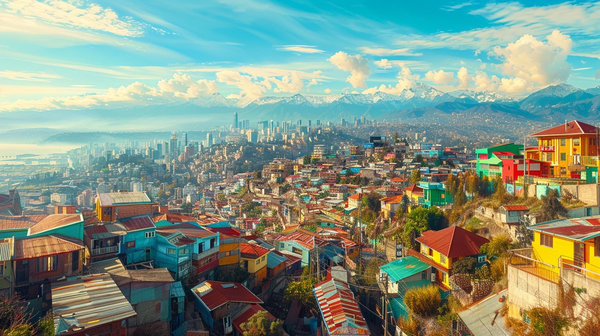 Vista panorámica de la pintoresca ciudad de Santiago Valparaíso, destacando su vibrante arquitectura y cerros coloridos