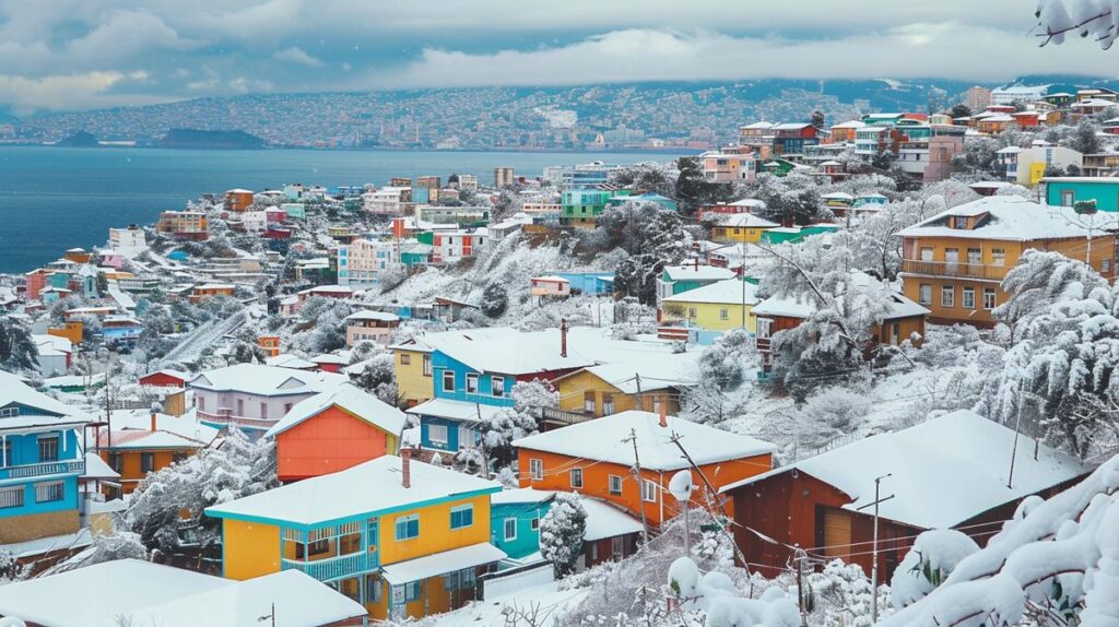 Vista nevada de Valparaíso Chile en invierno, mostrando la arquitectura colorida y el paisaje urbano cubierto de nieve