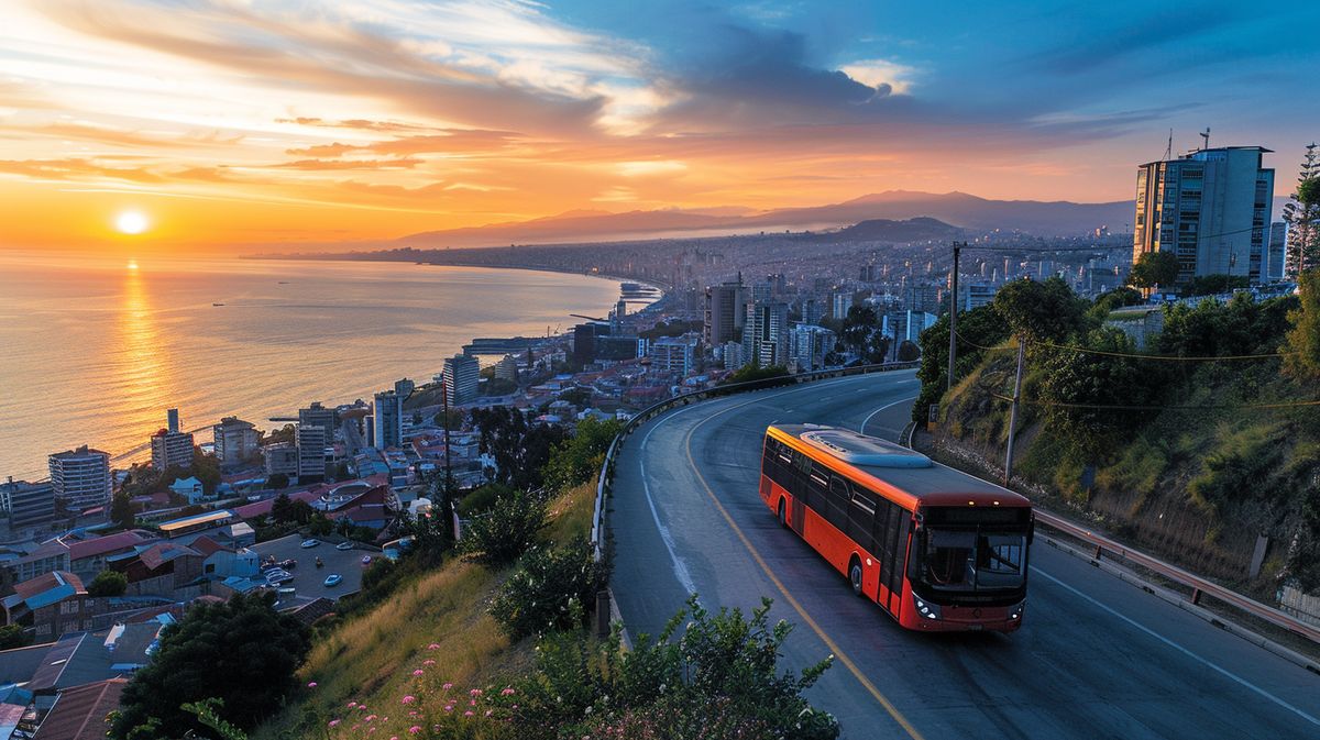 Autobús rojo viajando en la ruta entre Santiago y Valparaíso, perfecto para turistas y locales