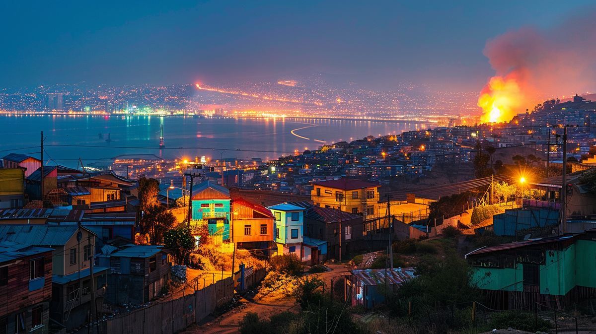 Imagen de un incêndio en Valparaíso, Chile, mostrando densas columnas de humo y efectos de las llamas sobre las estructuras locales