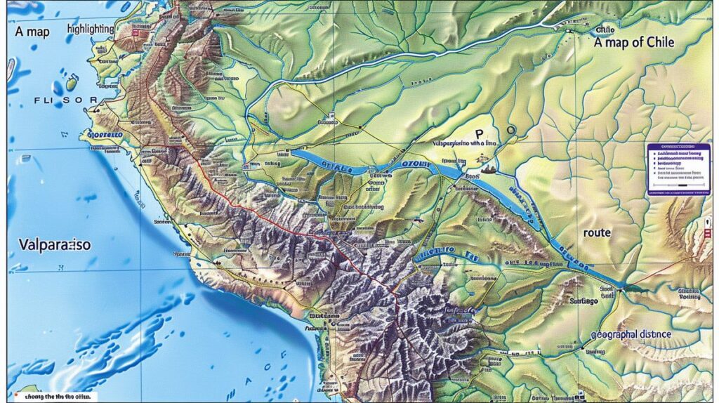 Mapa ilustrando la distância entre Santiago e Valparaíso en Chile con marcadores y rutas destacadas