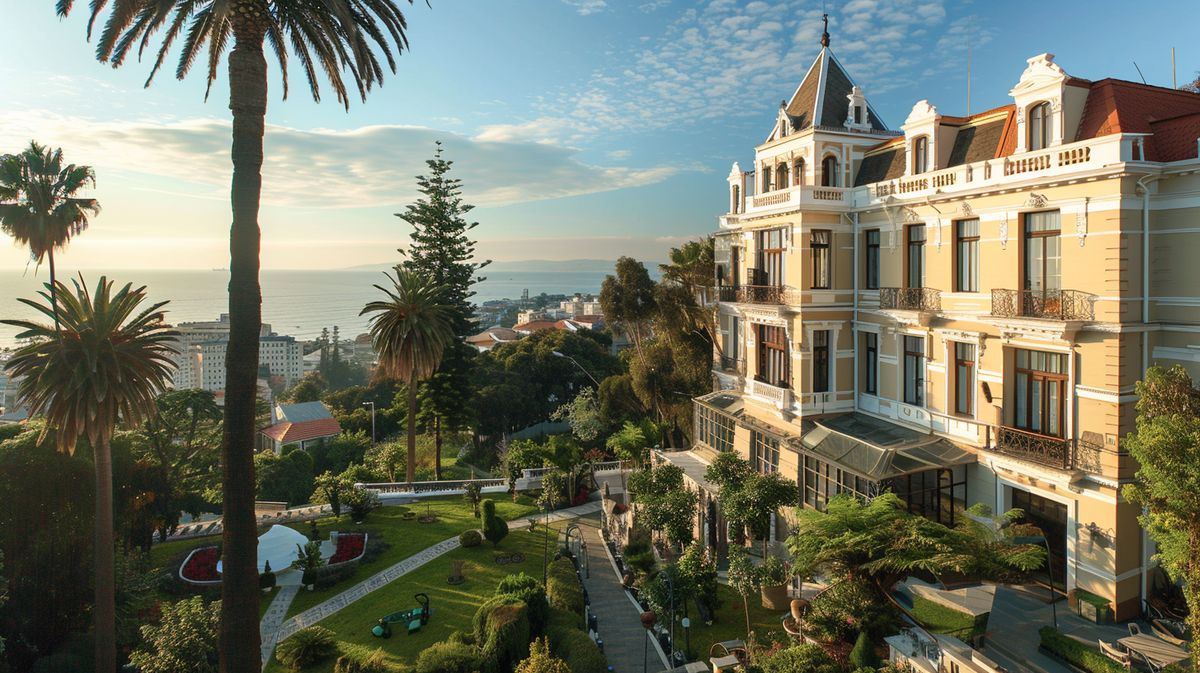 Vista panorámica del Park Hotel Valparaíso con iluminación nocturna y jardines alrededor