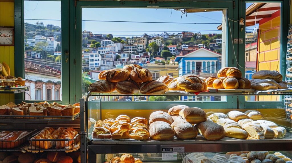 Pan recién horneado en padaria Valparaíso con variedad de panes artesanales en exhibición