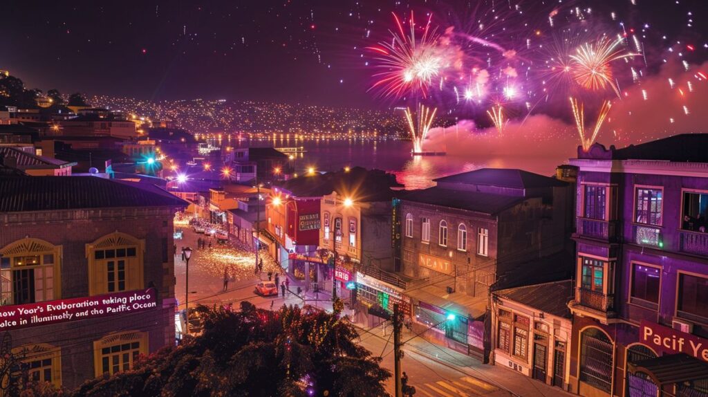 Fuegos artificiales espectaculares en Réveillon Valparaíso, celebración nocturna con vistas al mar