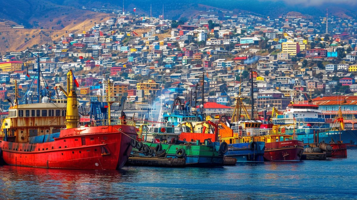 Vista panorámica del puerto Valparaíso con barcos y edificios coloridos en un día soleado