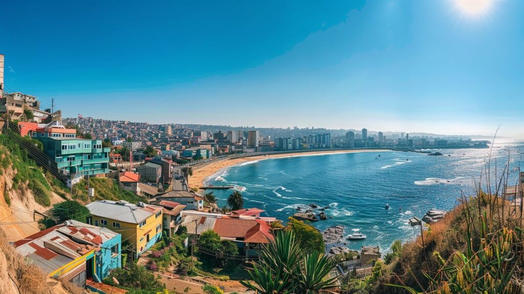 Vista panorámica durante el passeio Viña del Mar e Valparaíso mostrando la arquitectura colorida y el mar