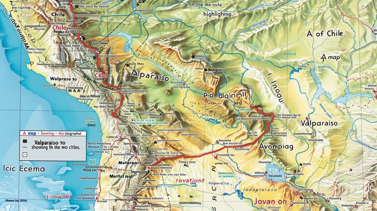 Mapa ilustrado mostrando la distância entre Santiago e Valparaíso en Chile