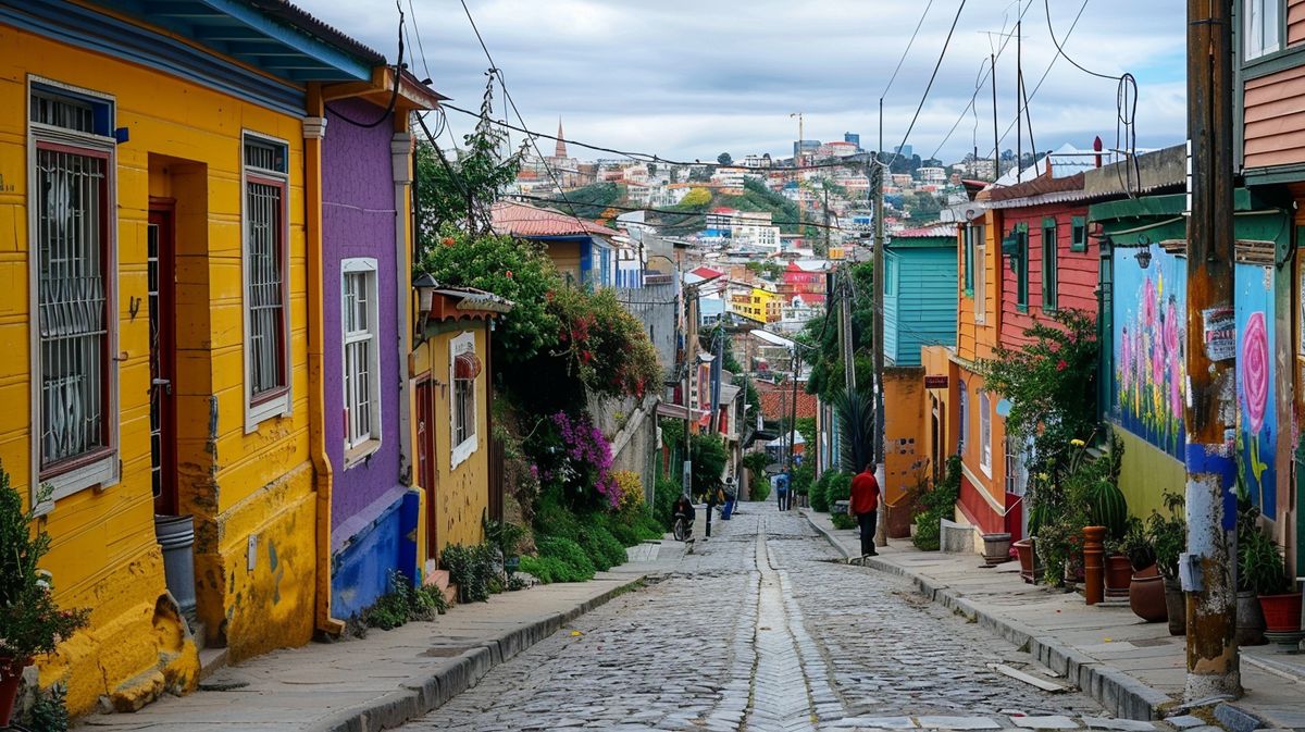 Vista panorámica de la ciudad durante un passeio Valparaíso, mostrando coloridos edificios y el océano al fondo