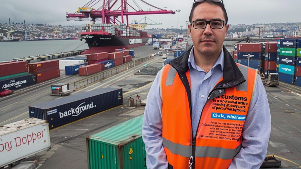 Despachante Valparaíso trabajando diligentemente en su oficina con documentos de envío y mapas náuticos