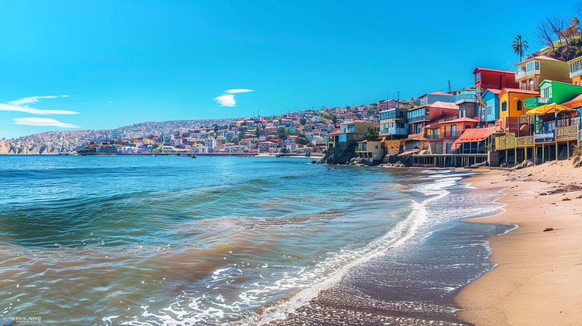 Vista panorámica de la playa en Valparaíso Chile, con turistas disfrutando del sol y el mar