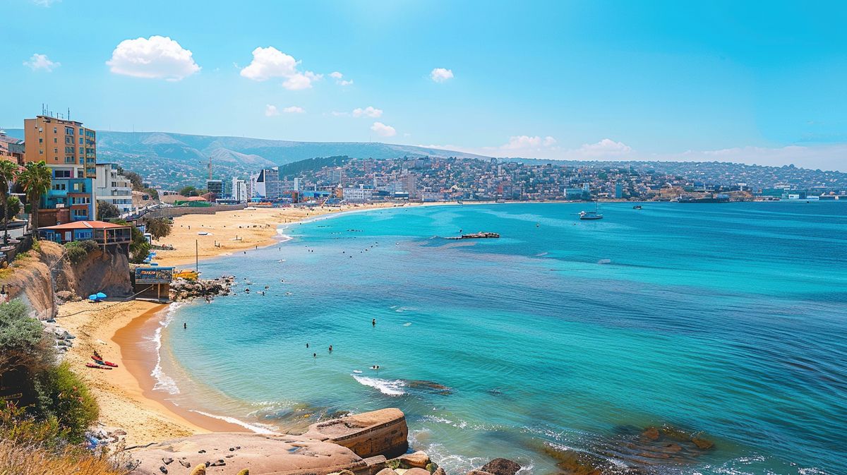 Vista panorámica de la praia Valparaíso con turistas disfrutando del sol y el mar azul