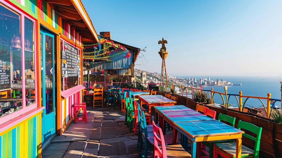 Vista panorámica de un restaurante em Valparaíso durante el atardecer, con mesas elegantes y vista al mar