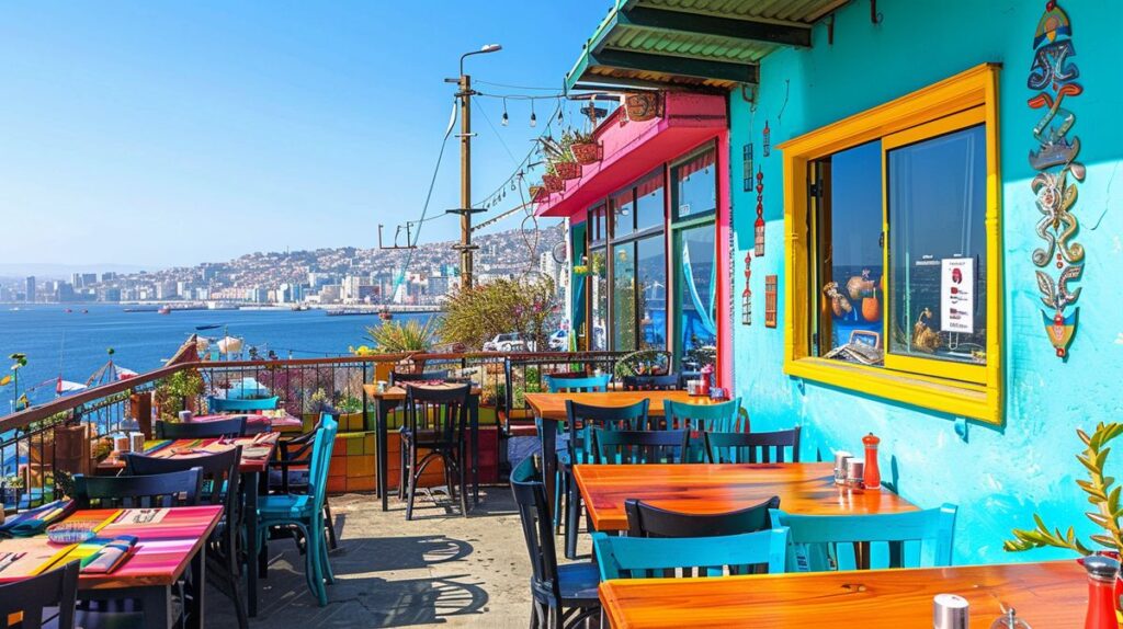 Vista exterior de un restaurante em Valparaíso durante el día con mesas al aire libre y clientes disfrutando de la comida