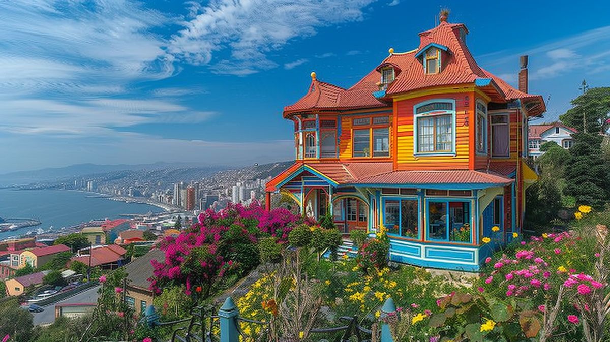 Vista exterior de la colorida casa Pablo Neruda Valparaíso, un destino turístico cultural destacado en Chile