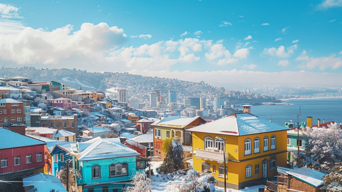 Vista nevada de Valparaíso Chile en invierno, mostrando la arquitectura colorida y el paisaje urbano cubierto de nieve