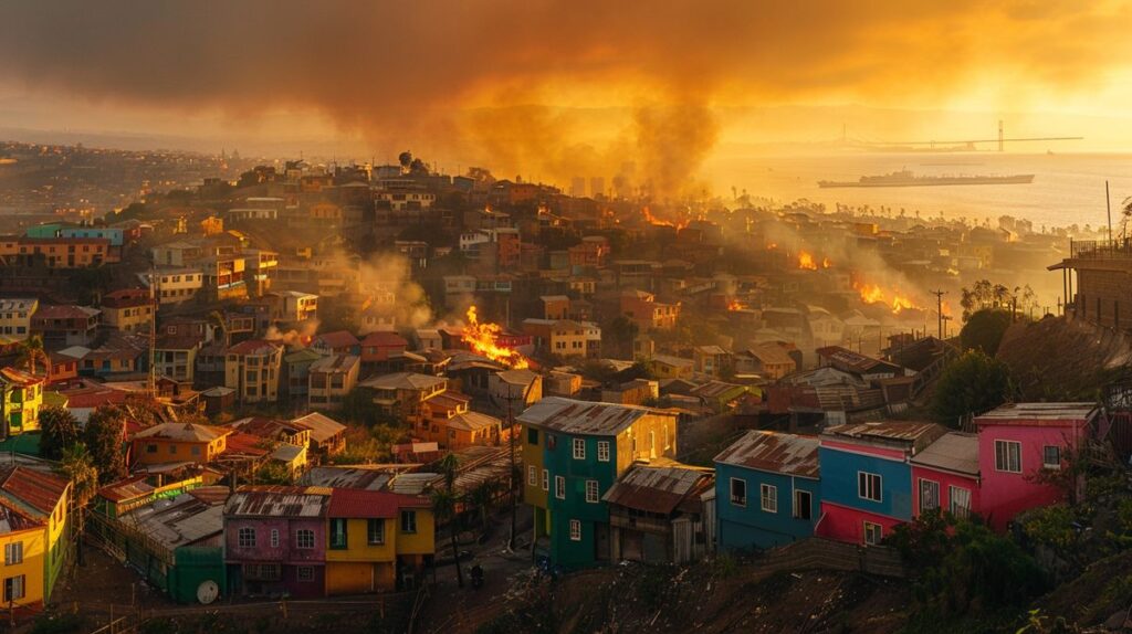 Descripción de un paisaje natural con montañas al atardecer y cielo colorido