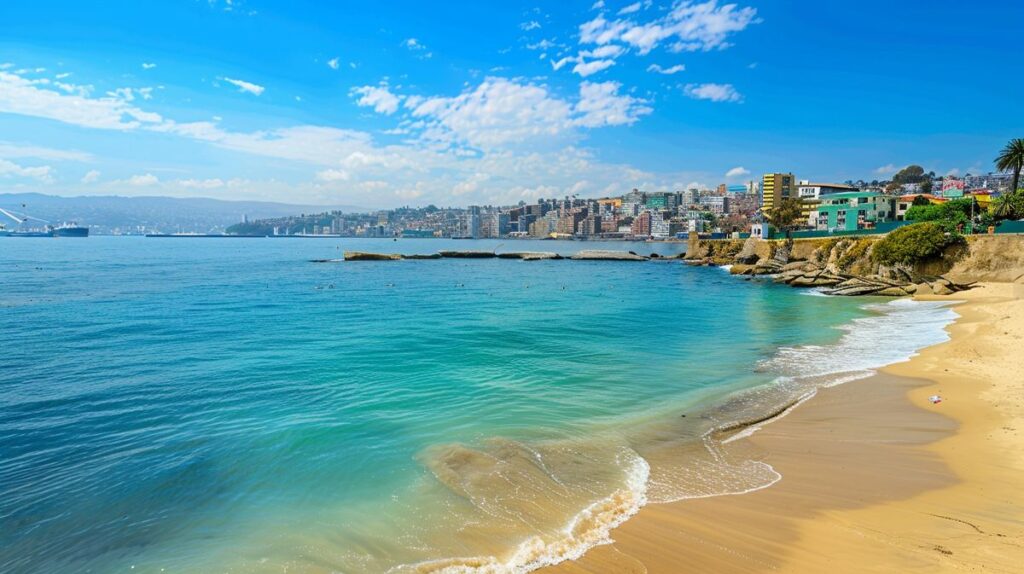 Vista panorámica de la praia Valparaíso con cielo despejado y turistas disfrutando del sol