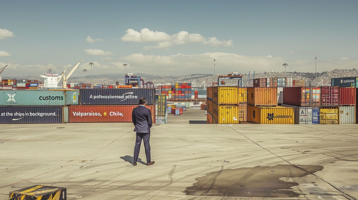 Despachante Valparaíso trabajando diligentemente en su oficina con documentos de envío y un mapa de navegación en el fondo