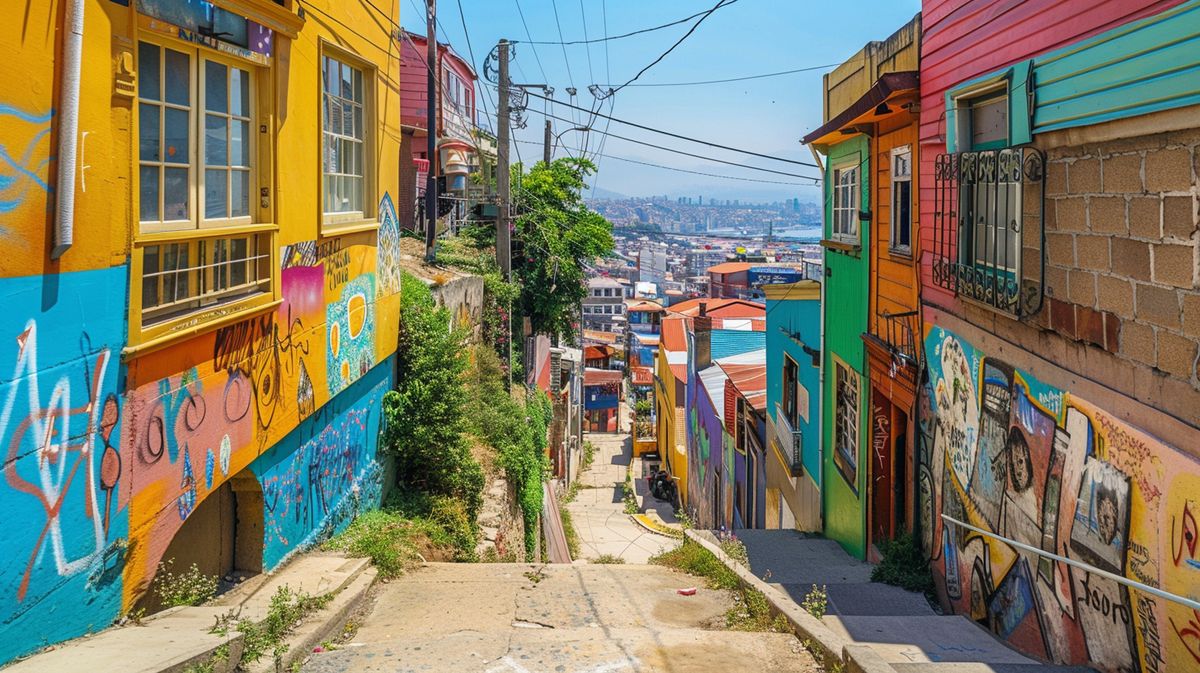 Vista colorida de las casas y callejones en Cerro Alegre Valparaíso, destacando su vibrante arquitectura y arte urbano