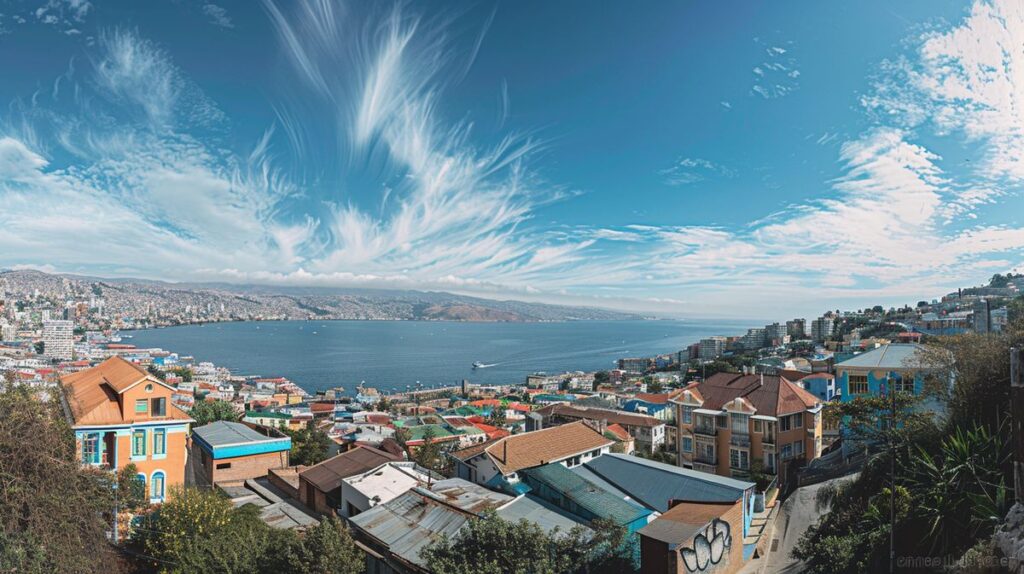 Vista panorámica del atardecer en tempo Valparaíso con cielo colorido y siluetas urbanas