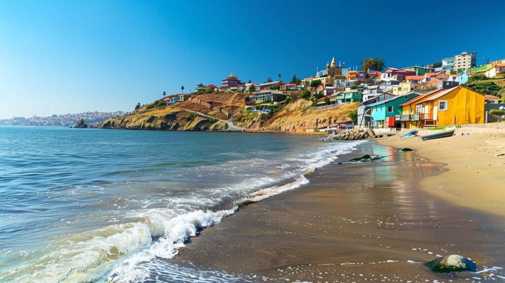 Vista panorámica de la playa en Valparaíso Chile, con turistas disfrutando del sol y el mar