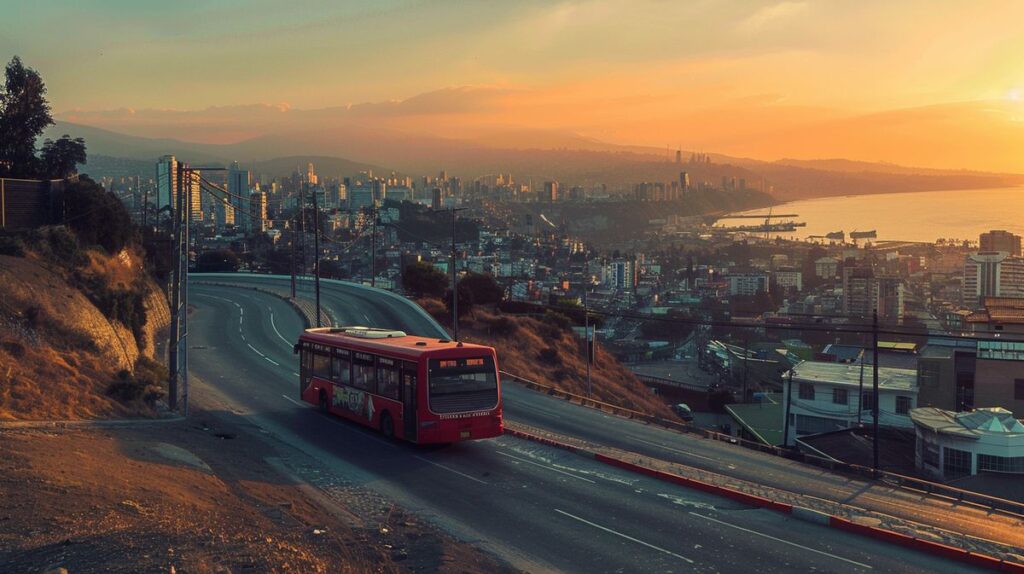 Ómnibus Santiago Valparaíso en la carretera con paisaje de montañas al fondo