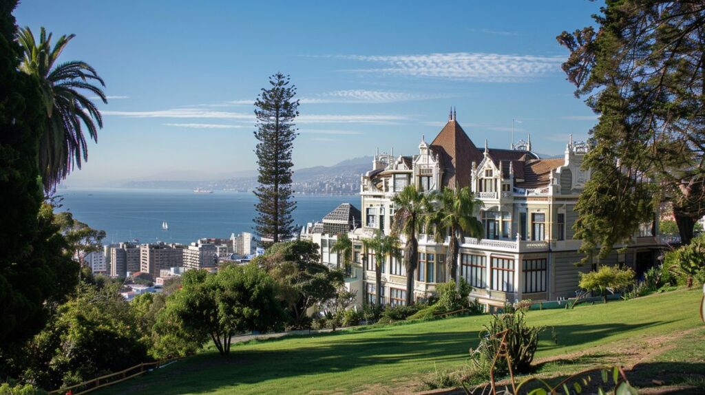 Vista panorámica del Park Hotel Valparaíso con iluminación nocturna y jardines decorativos