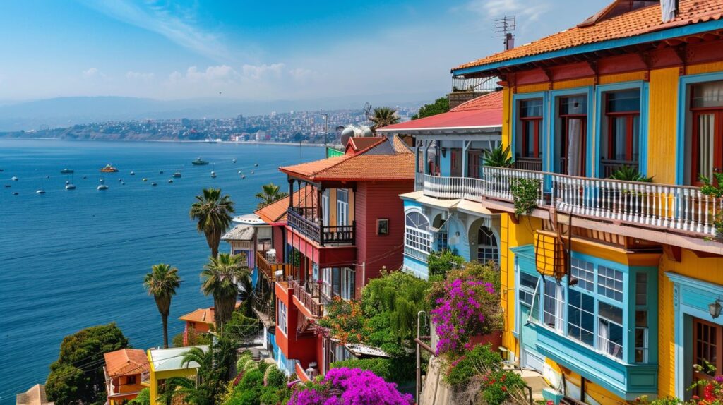 Vista panorámica de hotéis em Valparaíso durante o pôr do sol com o mar ao fundo