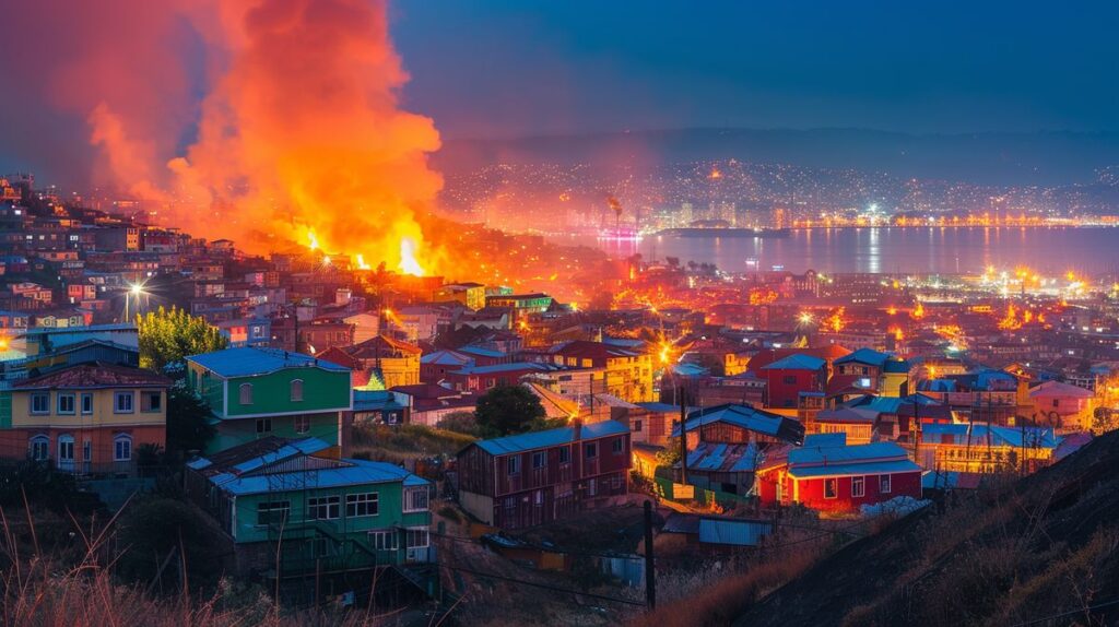 Imagen de un incêndio em Valparaíso Chile mostrando densas columnas de humo y bomberos trabajando arduamente para extinguir el fuego